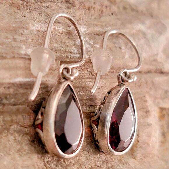 Sterling Silver Bali Style CZ Garnet Pear Drop Earrings - Picture 4 of 6